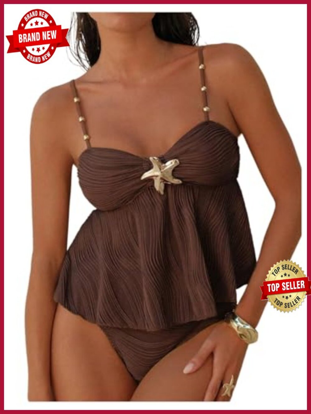 Boho Tankini Set with Metal Starfish Beaded Peplum Tops and Panty Swimsuit